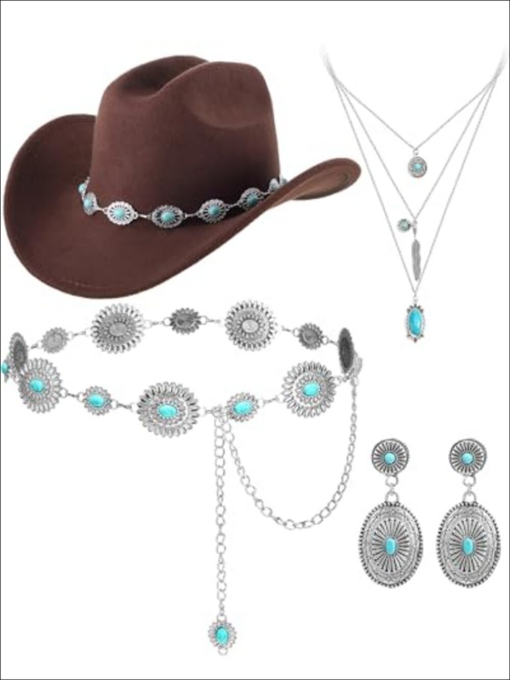 4 Pc Western Jewelry Set Turquoise Zinc Alloy Cowboy Hat Belt
